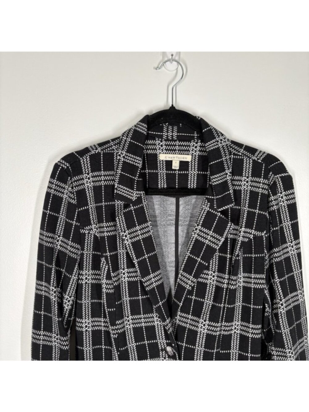 41 Hawthorn Women M Black White Plaid 3/4 Sleeves One Button Dimo Knit Blazer - Picture 4 of 10